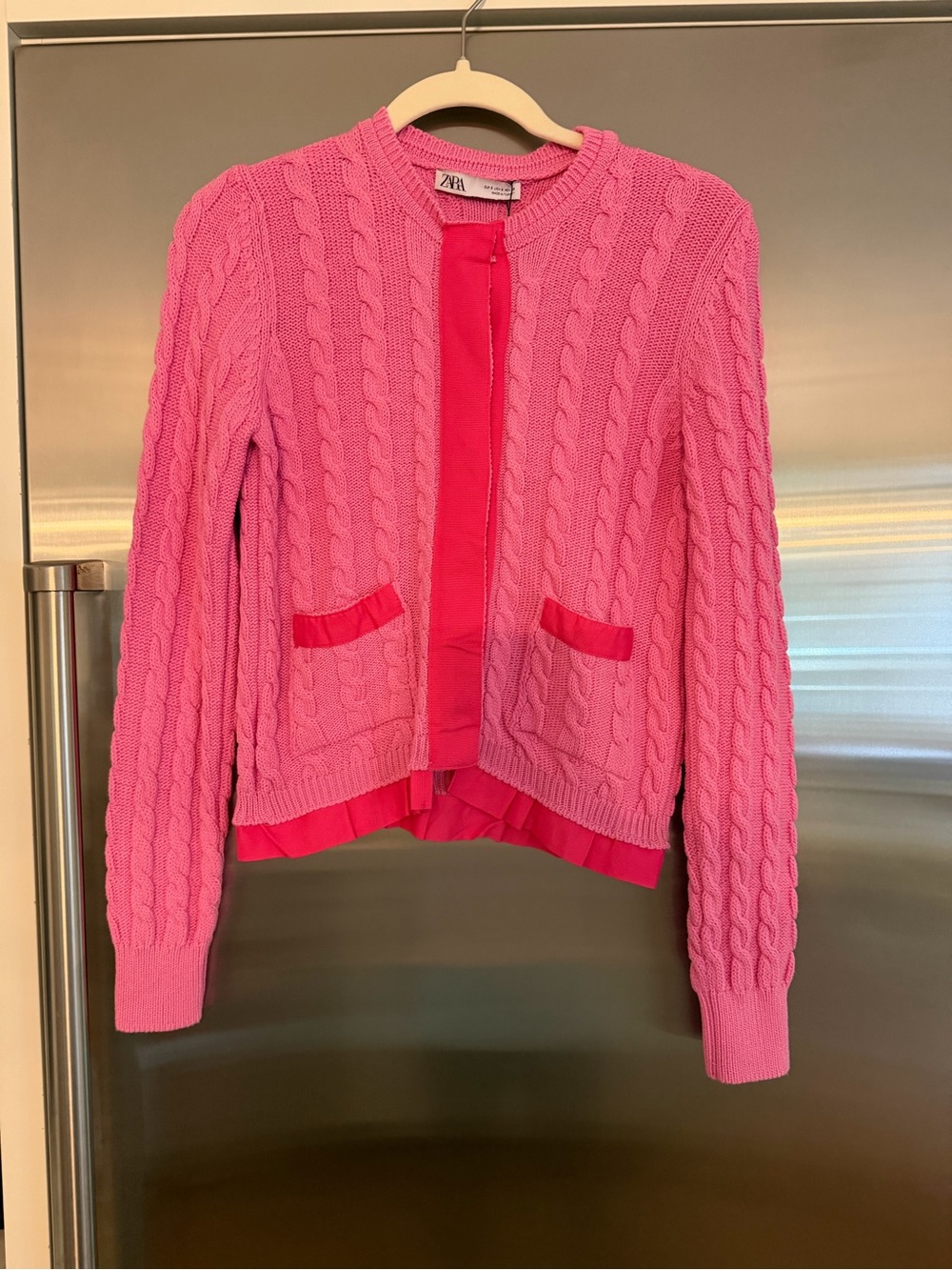 Zara Hot Pink Cable-Knit Open Cardigan with Contrast Trim